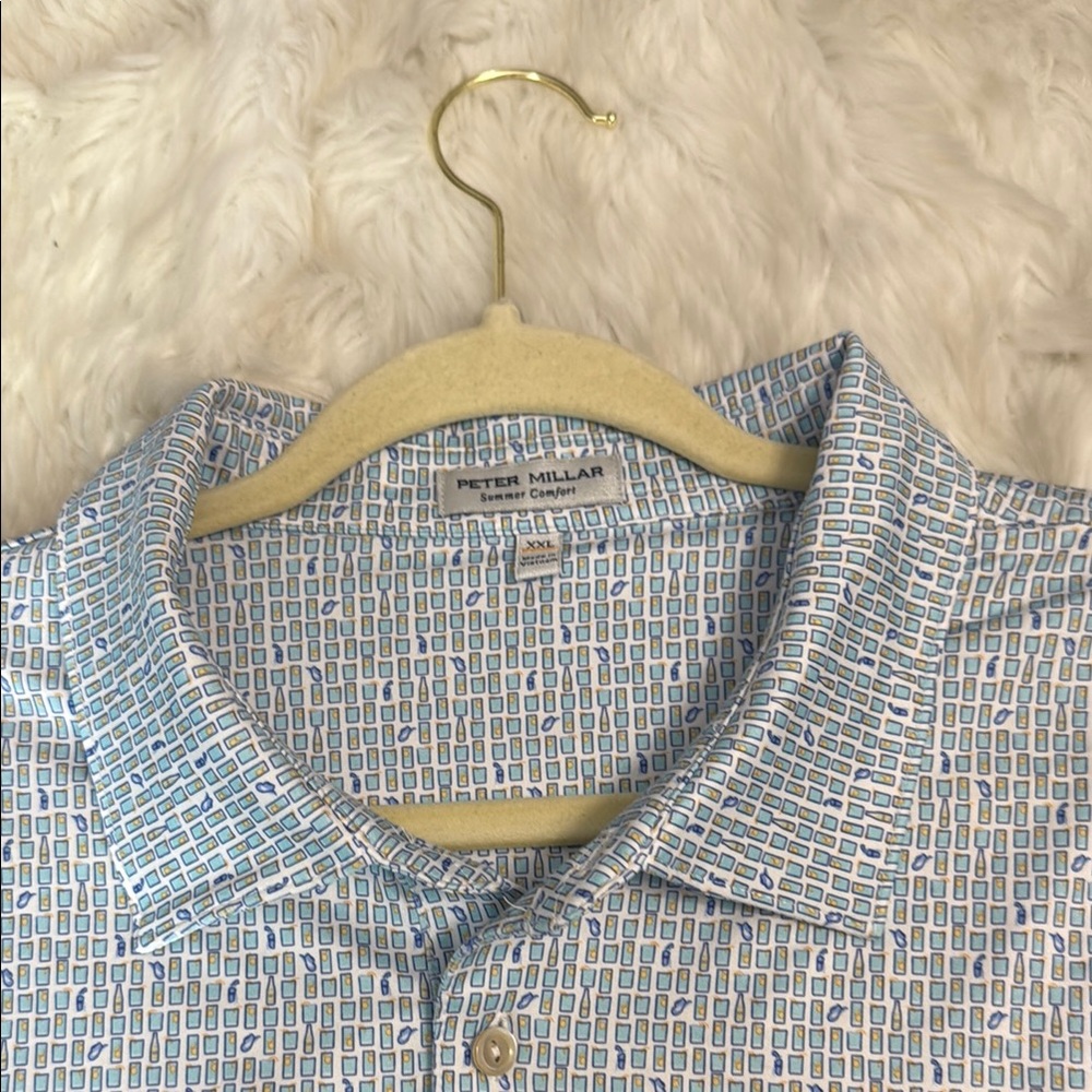 Peter Millar Men’s Blue Patterned Golf Polo Shirt Size XXL Lightweight Fit